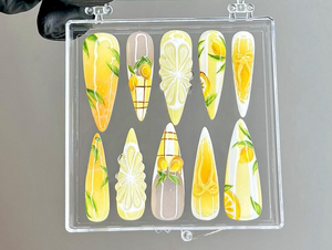 Summer Lemon Press On Nails | Hand Painted Citrus Nail Art | Fruit Design Press Ons | Glossy Fresh Fake nails | Aesthetic Nails | OB956YC