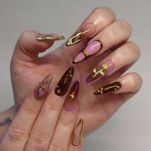 Golden Rose Luxe Press On Nails | Pink & Brown Glam Nail Art | 3D Bow And Rose Accents | Handmade Luxury Stiletto Nails | OB185EK