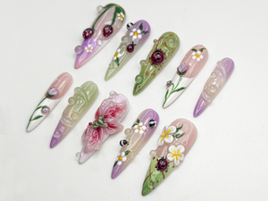 Pastel 3D Ladybug Press On Nails | 3D Floral Garden Nail Art | Cute Spring Nature Nails | Whimsical Bug Nail | Garden Bloom Design | OB800HC