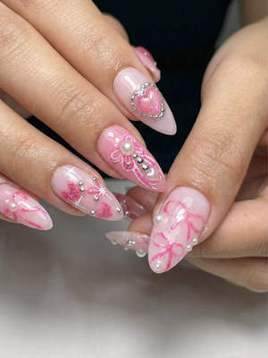 Press On Nails with Pink Ribbon & Heart Charm Design, Handmade Long Glossy Fake Nails for Romantic Coquette Look or Aesthetic Statement Nails | OB279