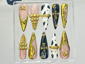 Black & Gold Luxury Press On Nails | Bold Cow Print Fake Nails | Golden Gothic Nail Art | Glam Cow Print, Cross Design Press Ons | OB919YK