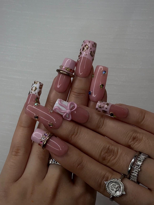 Blush Pink Leopard Press On Nails for Luxury Nail Lovers | Nude Pink Nails with 3D Bow Accent| Leopard French Tips with Gold Detail| OB288HC