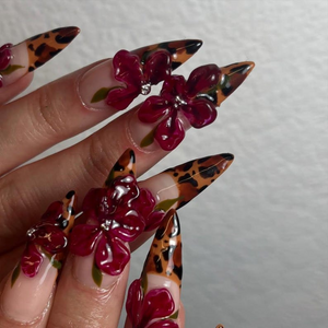Tropical Orchid Fall Press On Nails | Handmade Floral Nail Art | Elegant Floral Press Ons |Elegant Orchid Nail| Leopard Print Nails| OB179HC