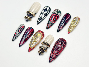 Gothic Rose Heart Press On Nails | 3D Black Red Gold Nails | Handmade Gothic Vampire Glam Nail Set | Black Stiletto Press Ons | OB775HC