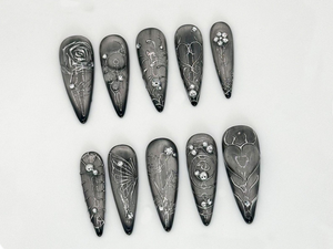 Elegant Silver Gothic Press-On Nails | Intricate Butterfly and Rose Silver Nails | Luxury Silver Gothic | Butterfly & Rose Design | OC630LC