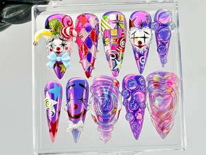 Carnival Clown Press On Nails by DoryNails | 3D Swirl & Mask Fake Nails | Harlequin 3D Nail Art | Bold Clowncore Acrylic Nails| OB797YC