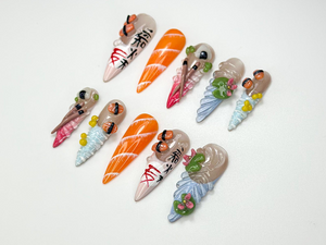 Cute Sushi Press On Nails | 3D Japanese Food Nail Art | Kawaii Salmon & Sushi Roll Nails | Handmade Foodie Press Ons | Fun Design | OB990HC
