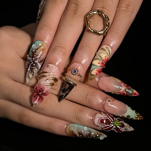 Luxury Floral Press On Nails, Burgundy Gold Nails, 3D Flower Nail Set, Vintage Glam Handmade Press On Nails, OB1377U