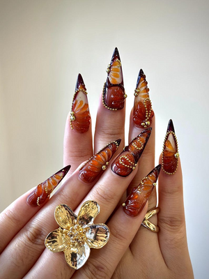 Amber Fall Press On Nails | Brown & Gold Ombre Nail Art | 3D Swirl Nails | Luxury Long Stiletto Nails | Elegant Glam Press Ons | OB174HC