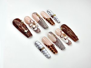 Caramel Elegance Press On Nails | Brown Marble 3D Flower Nails | Butterfly Accent & Luxe Stripe Design | Fall Long Gel Nails | OB1003EC