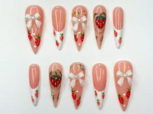 Cute Strawberry Bow Press On Nails | Pink French Tip Nails | Cute 3D Kawaii Nail Art | Handmade Luxury Press Ons | OC995GC