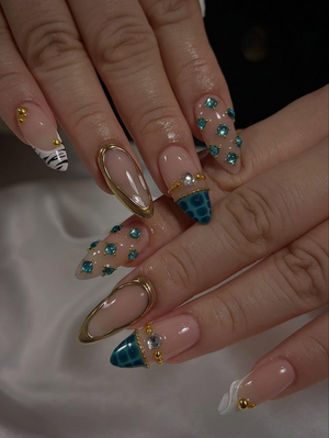 Blue Gem Nude Press On Nails for Luxury Women | Modern Gold Press Ons | Almond Luxury Nails | Chic Designer Inspired Nails | OC293HC