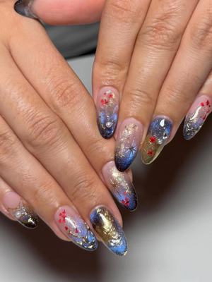 Luxury Navy Gold Press On Nails, Mystic Galaxy Floral Nails, Reusable Stiletto Nail with Gold Filigree and Shimmering Night Sky Art, OB307HC