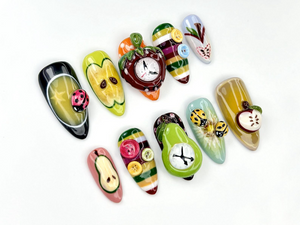Fruity Fun Press On Nails | 3D Fruit Bug Nail Art | Clock Design Cute Kawaii Nails | Colorful Handmade Fake Nails | Summer Nails | OA802YC