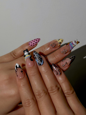Polka Dot Cat Melody Press On Nails | Cute Cat Nail Art for Music Lover | Polka Dot Nude Nails | Luxury Cute Nails | OC294EC