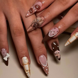 Teddy Bear Autumn Press On Nails | Fall & Autumn Coffee Nails | Cute Bear Nail Art | Plaid Neutral Nails | Handmade Luxury Nails |OB209EC