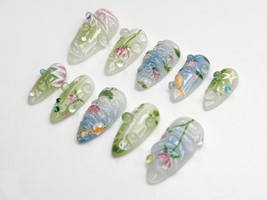 Water Garden Koi Press On Nails | Hand-Painted Koi Fish & Lotus Flowers | Zen Nature Art Nail Set | Calm Pond-Inspired Press Ons | OC798HC