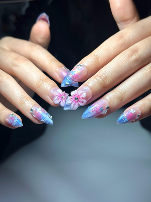 Aurora Galaxy Floral Press On Nails | Iridescent Chrome Stiletto Nails | 3D Sakura Flower Nails | Fantasy Butterfly Nail Art | OB1044HC