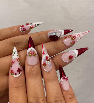 Strawberry Press On Nails For Christmas | 3D Strawberry & Whipped Cream Nail Art | Cute Festive Press Ons| Sweet Winter Nail Design| OC226HC