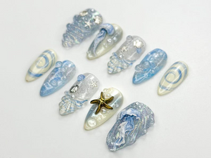 Ocean Dream Jellyfish Press On Nails | Blue Sea Fantasy Nail Art Set | 3D Shell & Starfish Nails | Handmade Oceanic Nail Design | OB782HC