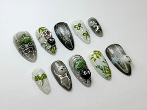 Whimsical Forest Totoro Press-On Nails | Totoro-Inspired Handmade Nailss | Totoro & Soot Spirit Nail Design | Handmade Fantasy Nail |OB719HC