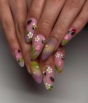 Bee & Ladybug Garden Press On Nails | Spring Floral Tulip Nail Art | Pastel Ombre Flower Nail Design | Cute Garden Insect Nails | OC826HC
