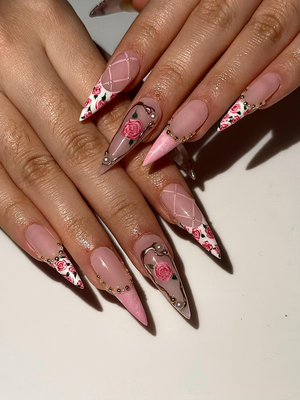 Vintage Rose Stiletto Press On Nails | Pink Rose Bridal Nails for Women | French Tip Floral Nails | Pearl Gold Nail| Romantic Nail |OB1276HC