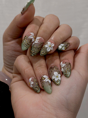 3D White Blossom Gold Press On Nails | Nude Green Luxury Stiletto Nails | Handmade Elegant Nail Art | Classic Luxury Press Ons | OB301EC