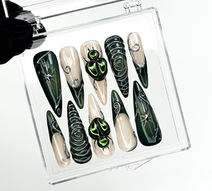 Gothic Green Press On Nails | Spider Web Nail Art | Dark Forest Vibes | Beetle 3D Design | Forest & Spider Web Details | OC963E