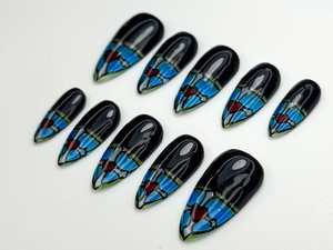 Stained Glass Heart Press On Nails | Blue Black Gothic Nail Art | Hand Painted Window Glass Design | Red Heart Accent Nails | OC846HC