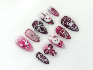 Gothic Bunny Dream Press On Nails | Red And Pink Festive Nail Art | 3D Bunny & Bow Charms | Starry Holiday Glam Nails | OB1177BC