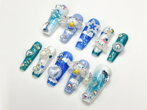 Kawaii Puppy Cloud Press On Nails | Blue Sky Nail Art | 3D Cloud & Star Resin Nails | Dreamy Pup-Inspired Press Ons | Cute Nails| OB925HC