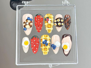 Kawaii Brunch Press On Nails | 3D Food Nail Art | Strawberry Waffle Press Ons | Funny Food Fake nails | Egg & Strawberry Nails | OB955YC
