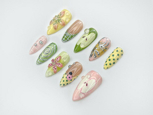 Green Garden Press On Nails | 3D Floral Accents, Ladybug Charms & Whimsical Pastel Nail Art | Handmade Nature-Inspired Nail Set | OB123EC