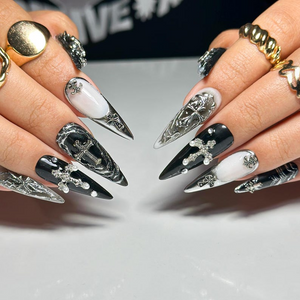 Black Gothic Press On Nails | Dark Alternative Nail Art | 3D Cross Nail Art with Pearls | Punk Fake Nails | Punk Rock Press Ons | OC194YP