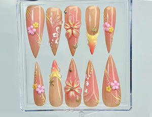 Sunset Blossom Whisper Press On Nails | 3D Pastel Flower Nail Art | Elegant Nude & Coral Tones | Handcrafted Ombre Floral Nails |OC999EK