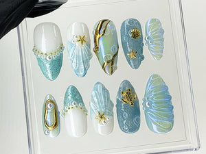 Mermaid Ocean Press On Nails | Blue Ocean-Inspired Designs with Glittery Oceanic, 3D Starfish | Custom Handmade Press On Nails | OC503AL
