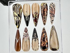 Black & Gold Marble Press On Nails | Leopard Print, Brown Fake Nails | Nature-Inspired Designs Nail Art | Edgy Gothic Nails | OB694YK