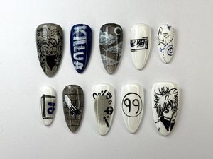 Killua Zoldyck Anime Press On Nails | Hunter x Hunter Nail Art | Unique Killua-Inspired Nail Art | Manga Black & White Nail Set | OB708HC