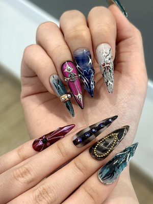 Artistic Gothic Press On Nails | Dark Marble Abstract Nails | Handmade Stiletto Nail Art | OB1268GC