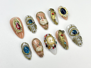 Vintage Religious Press On Nails | Angel Eye Nail Art | Baroque Religious Style Nail | Vintage Gemstone Nail | Statement Luxe Nail | OC924HK