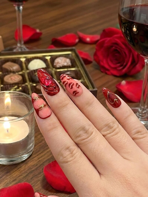 Ruby Kiss Valentine Press On Nails | 3D Heart Valentine Long Nails | Red Pink Ribbon Nail Art | Luxury Love Statement Set | OB273EC