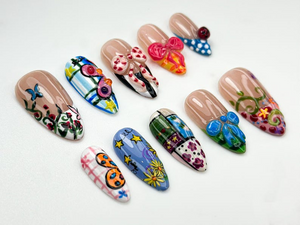 Pop Art Press On Nails | Funky Cartoon Mixed Pattern Nails | 3D Cute Bug & Ribbon Nail Art | Playful Art Press Ons | Cute Cartoon | OB804HC