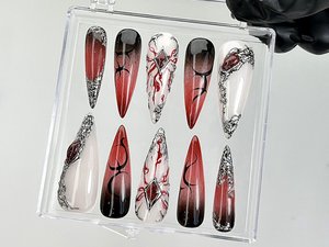 Gothic Fantasy Press On Nails | Dark Glam Fake Nails | 3D Red & Black Flame Nail Art | Handmade Dark Press Ons | Blood Nail Art | OB879YC