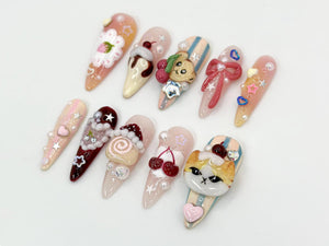 Kawaii Dessert Cat Press-On Nails | Handmade Cute Cat Nail Art | Cute 3D Kawaii Dessert Nail | 3D Handmade Nail | Elegant Nail Art | OB593HC