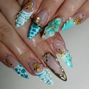 Luxury Mermaid Press On Nails | Gold Chrome Mint Stiletto Fake Finger | 3D Seashell Ocean Wave Custom Summer Beach Manicure | OB1KL