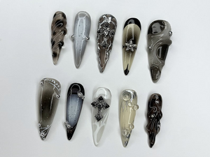 Cool Gothic Press On Nails | Luxury Black Silver Jeweled Nail charms | Luxurious Chrome and Holiday Nail Art |Long Stiletto Nail Set|OC451AH