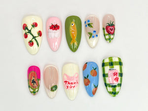 Fruit Garden Custom Press On Nails | Hand-Painted Watermelon, Strawberry & Citrus Nail Art | OB525LC