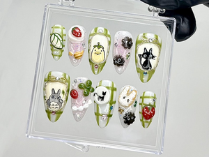 My Neighbor Totoro Press On Nails | Kawaii Ghibli Fake Nails | Totoro, Jiji, Soot Sprites Nail Art | Trendy Cartoon Kawaii Nails | OB909YC