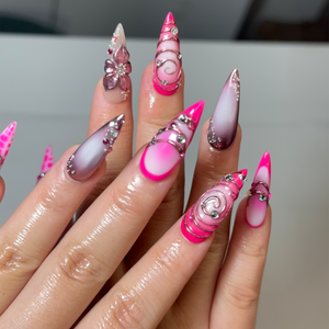 Hot Pink Press On Nails | Luxury Cyber Gyaru Stiletto Nails | 3D Chrome Flower Metallic Fake Nails | Y2K Futuristic Gift | OB406LK